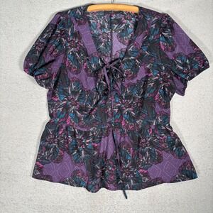 Lane Bryant Blouse Womens Size 16 Purple Floral Peplum Tie Neck Short Sleeve Top